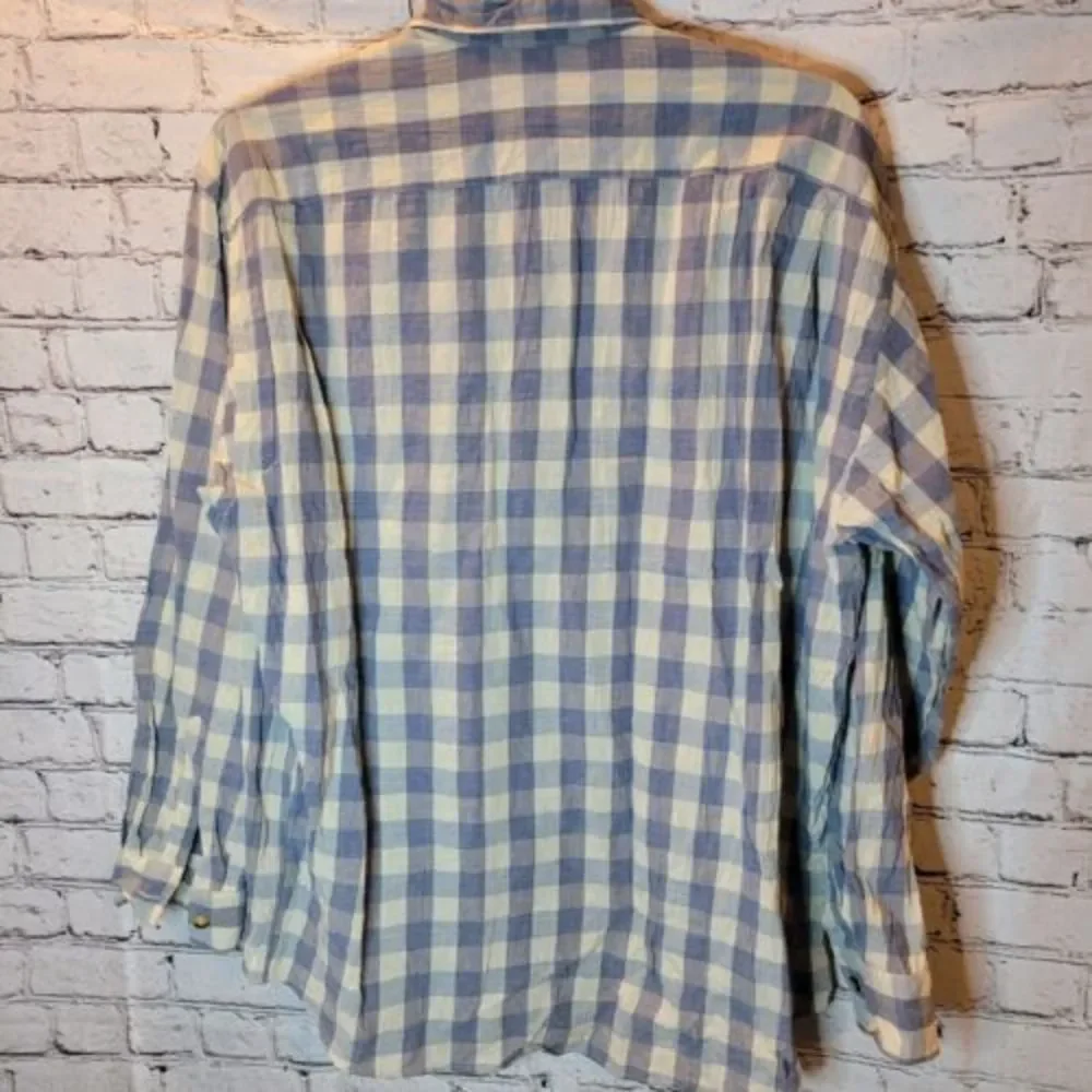 Canali Button Down Shirt Mens‎ XL Blue Plaid Good Cotton Linen Made in Italy